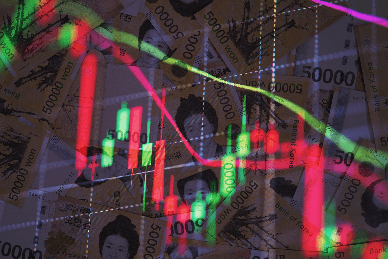 South Korean 50,000 won banknotes overlaid with a declining currency exchange chart.