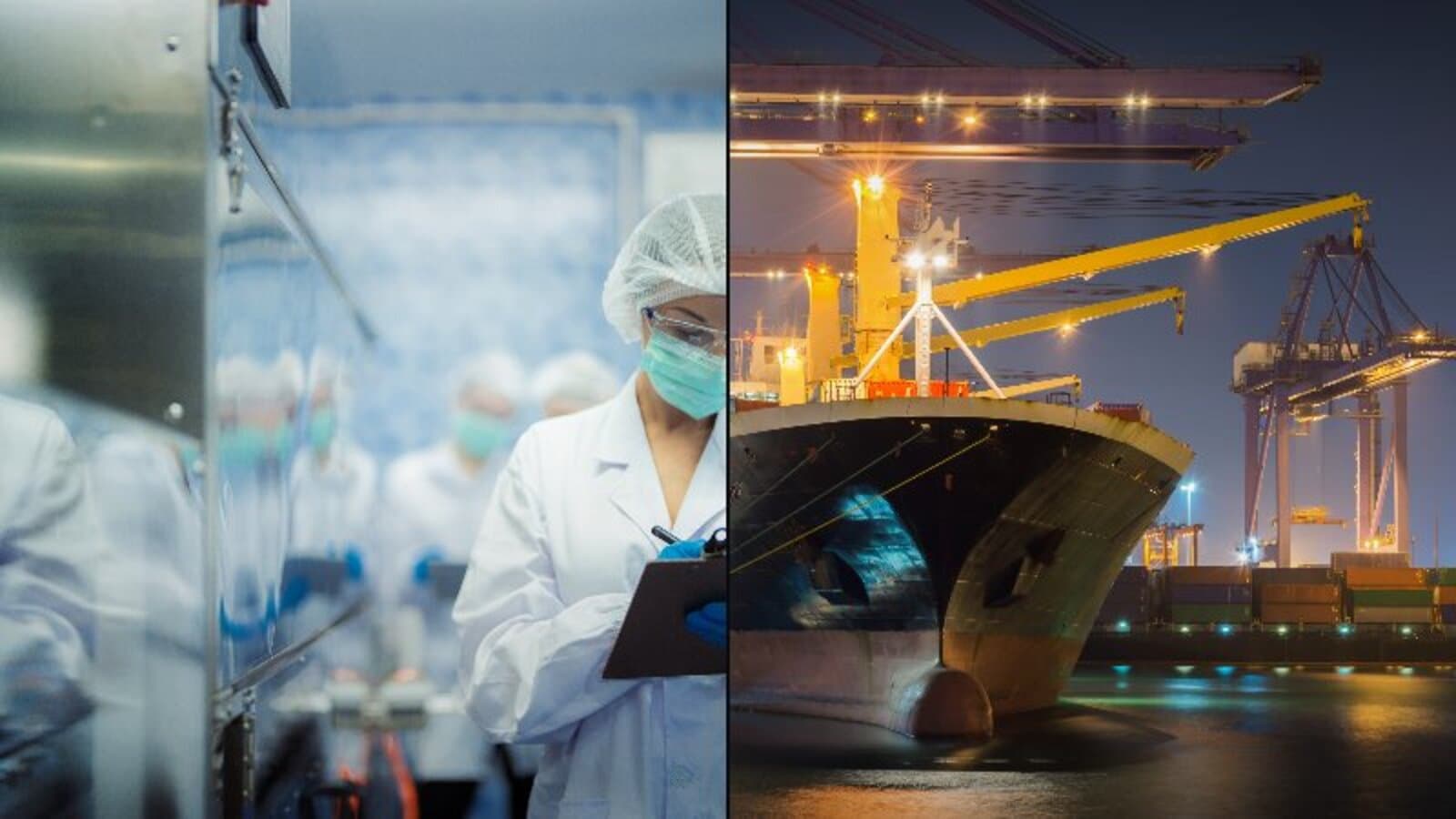 Split composite image showing a biotech lab researcher in cleanroom attire alongside a container ship at a shipping port at night